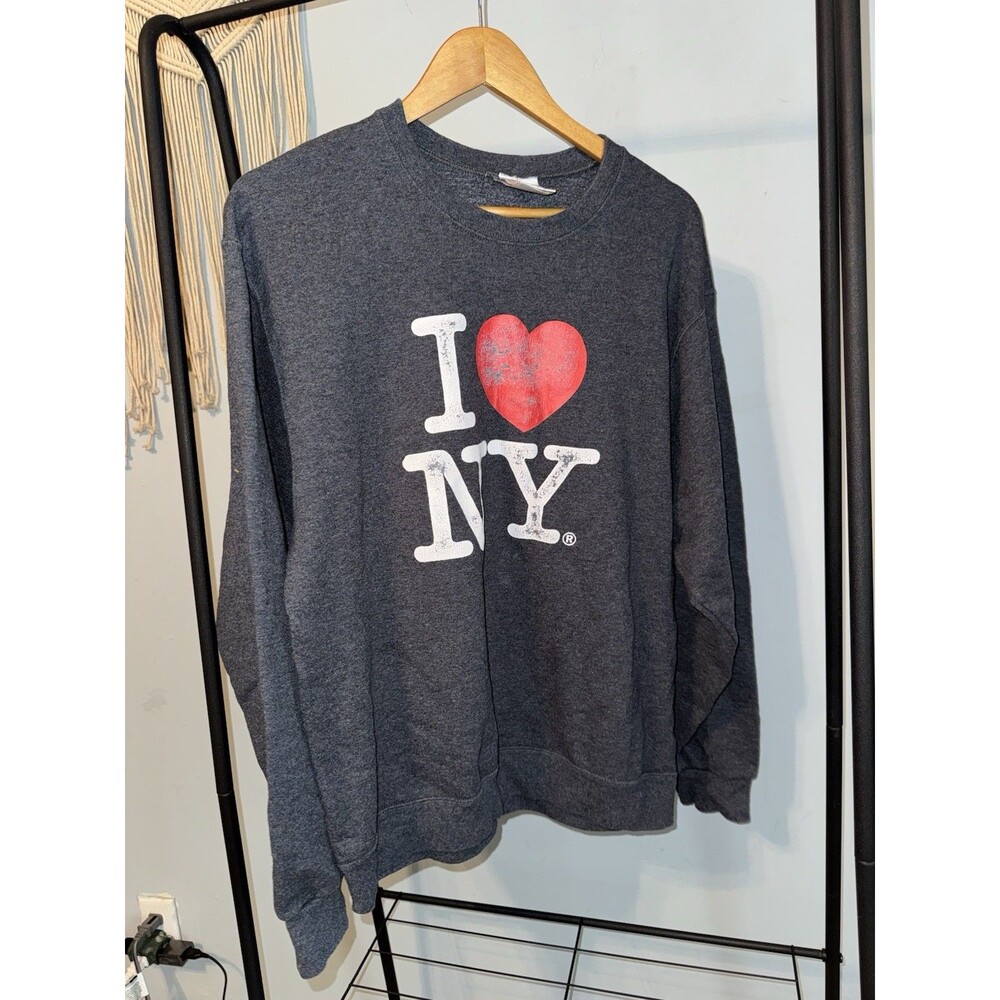 Super Sweats NuBlend Men's M Gray Fleece I Love NY Graphic Crew Neck Sweatshirt